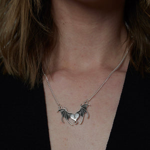 Silver Batwing Heart Charm Necklace