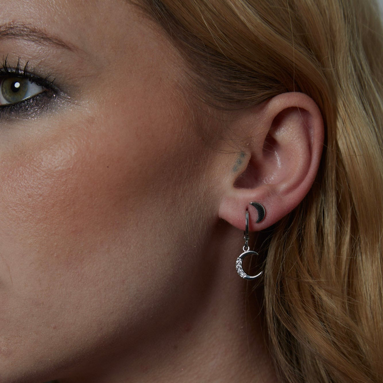 Sterling Silver 925 Crystal Moon Drop Charm Earrings