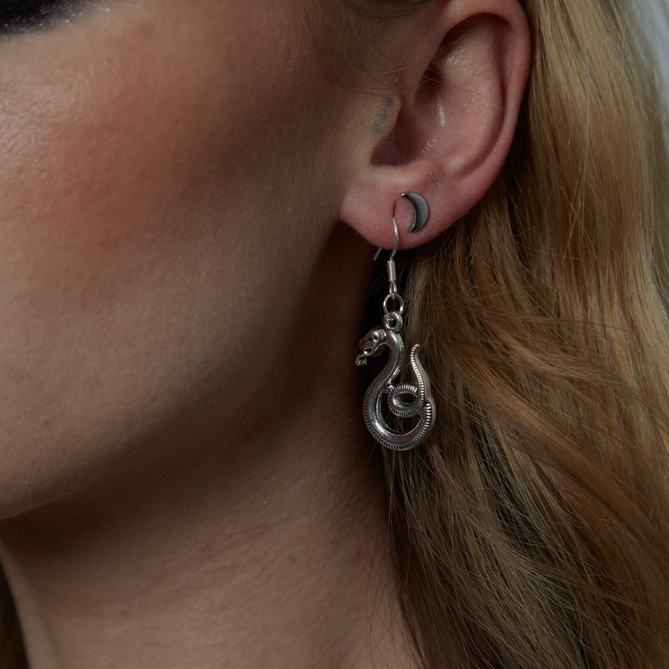 Silver Gothic Serpent Snake Charm Earrings