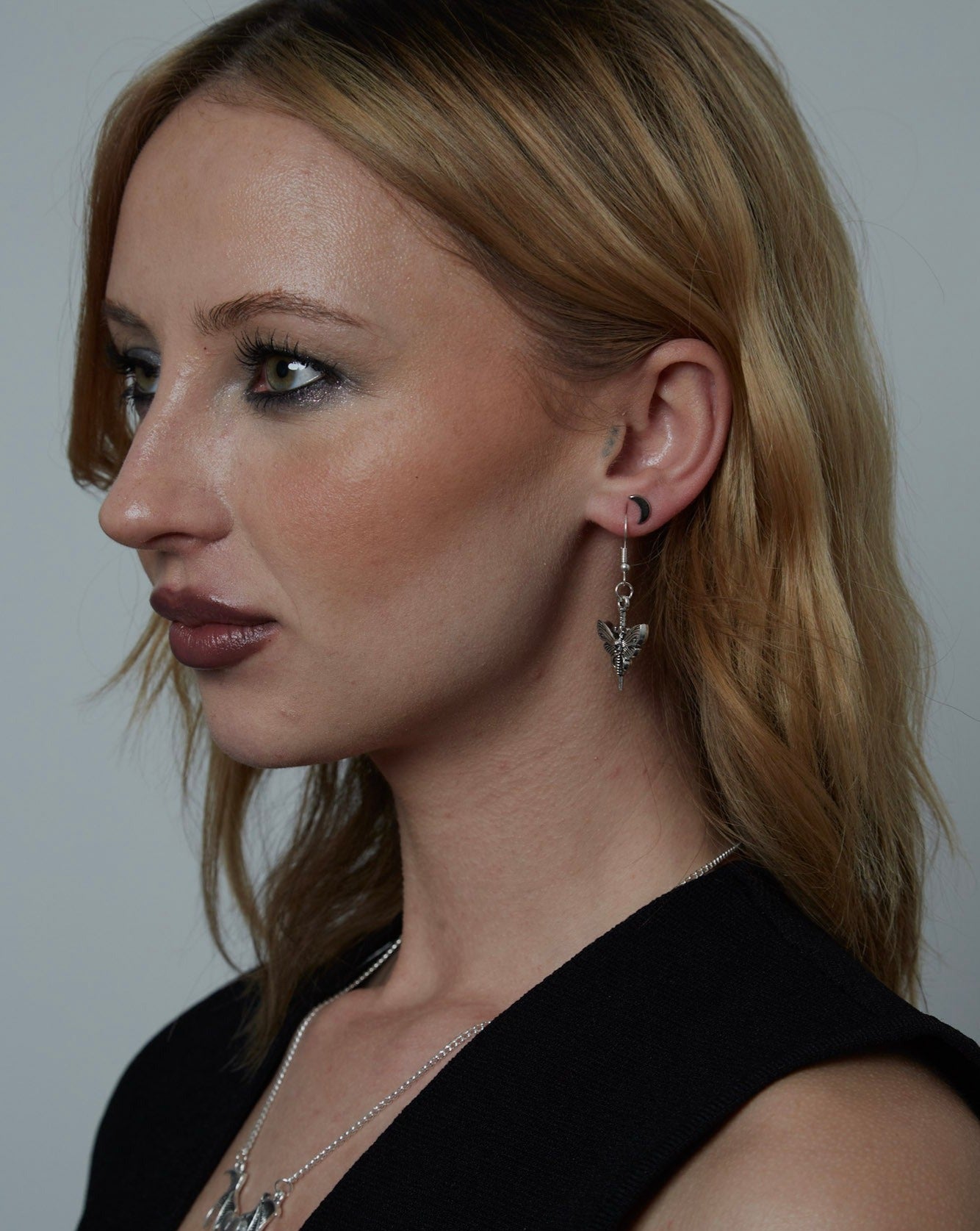 Silver Skull Butterfly Dagger Charm Earrings