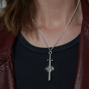 Silver Sword and Skull Charm Necklace