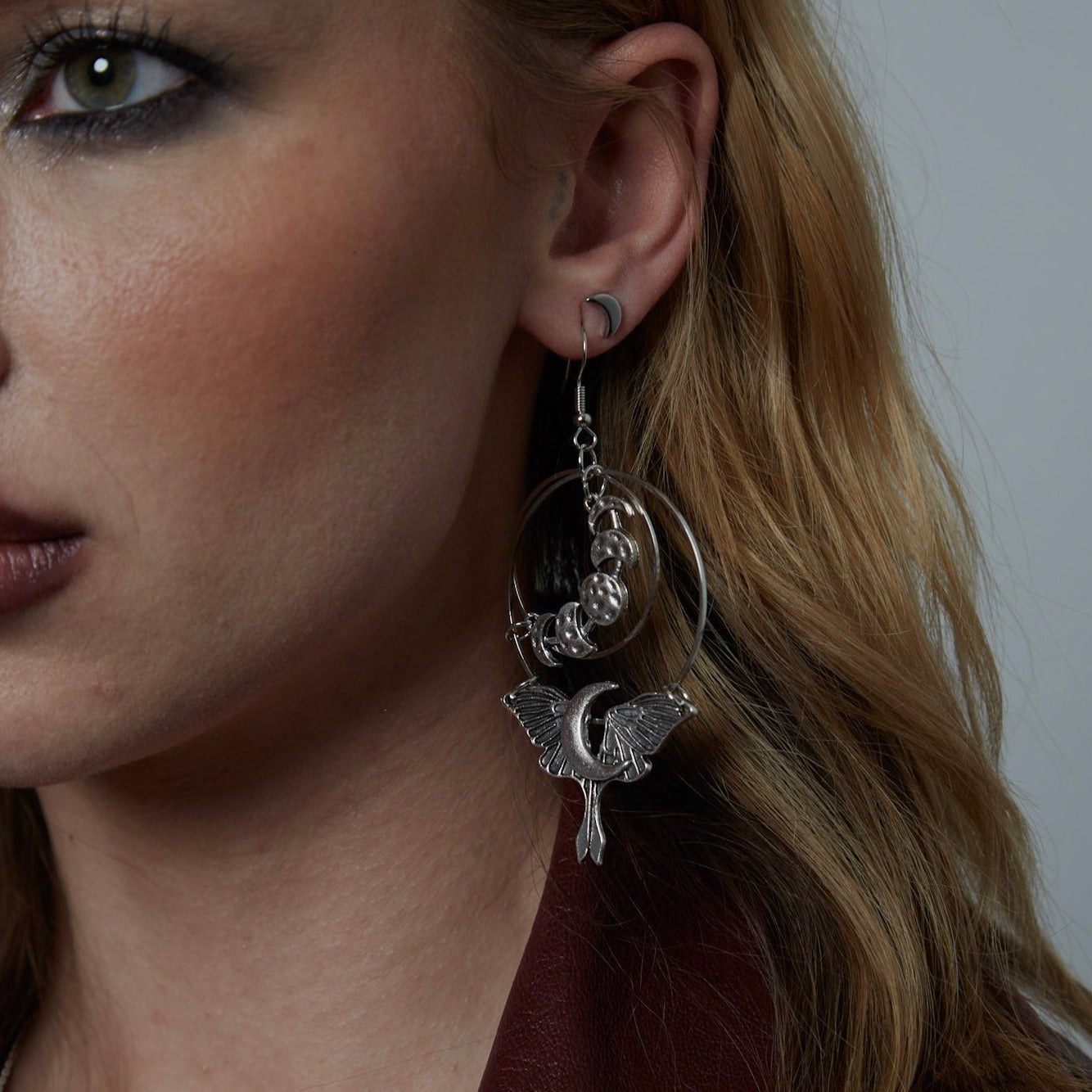 Large Silver Moon Wings Double Hoop Earrings