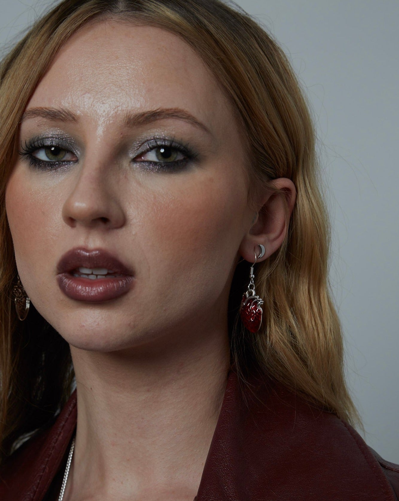 Silver and Red Anatomical Heart Charm Earrings