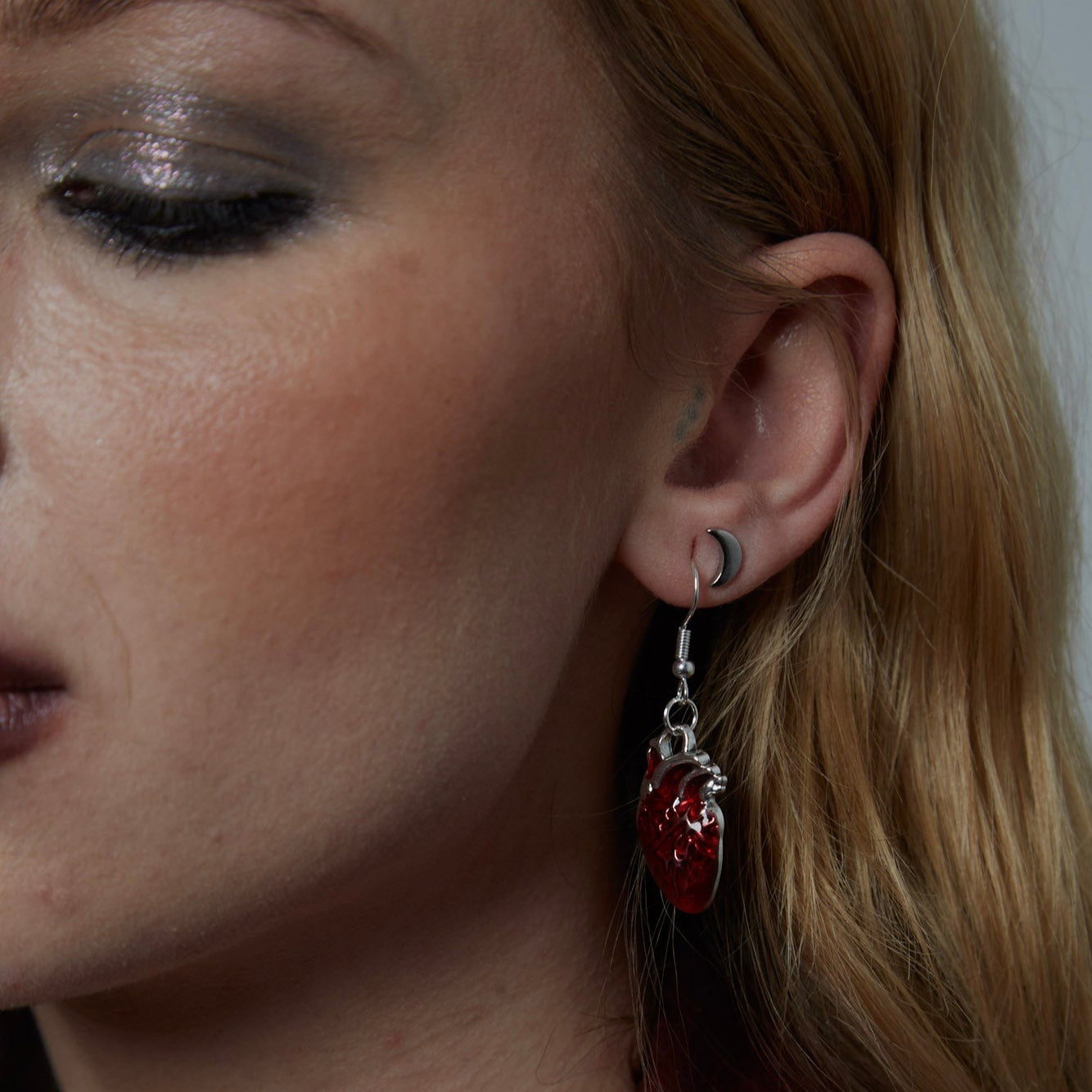 Silver and Red Anatomical Heart Charm Earrings