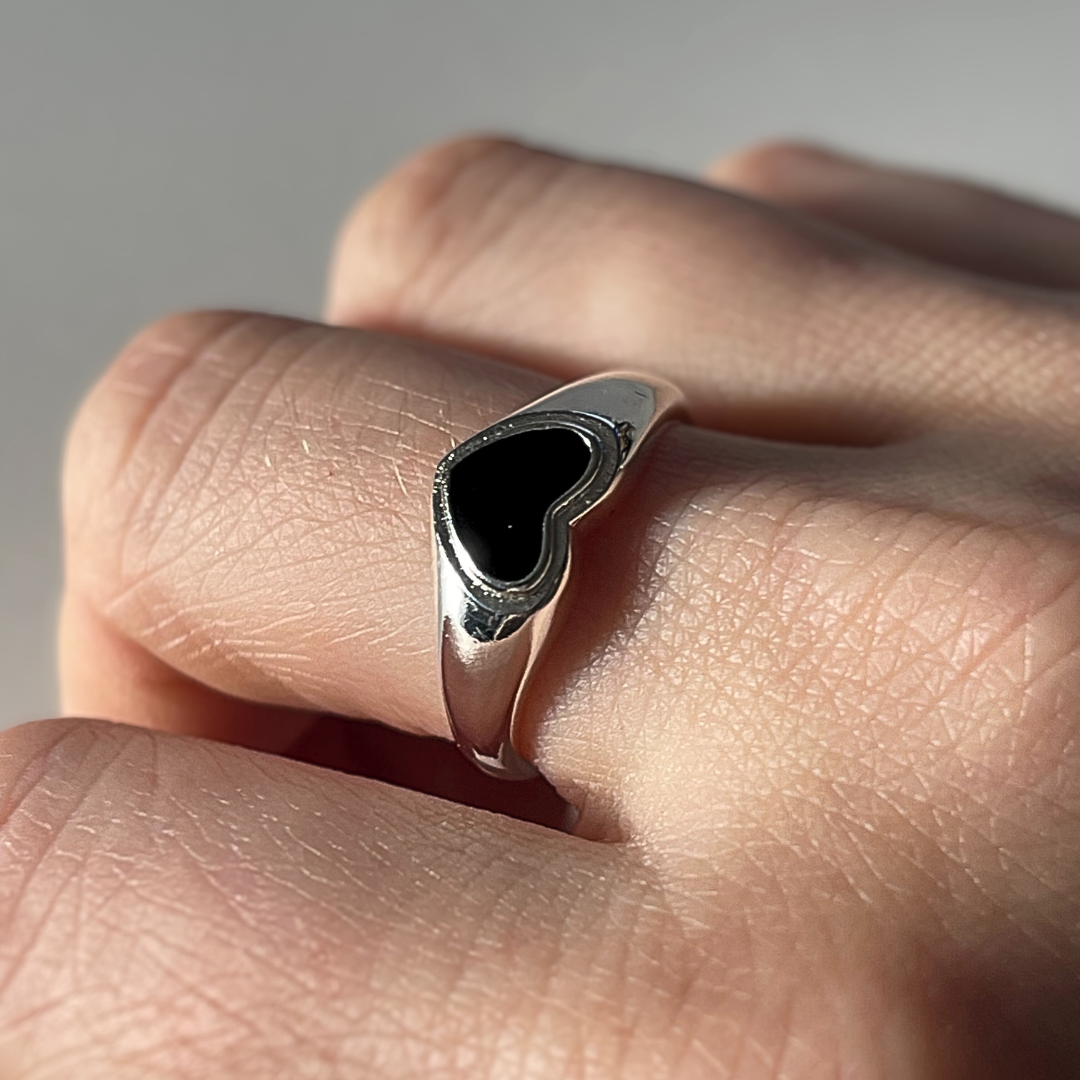Silver Black Heart Ring