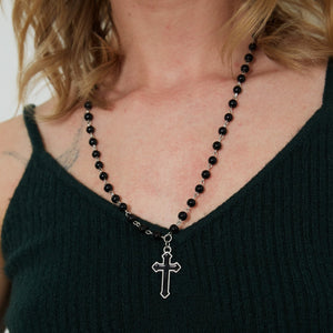 Silver Gothic Beaded Cross Charm Necklace