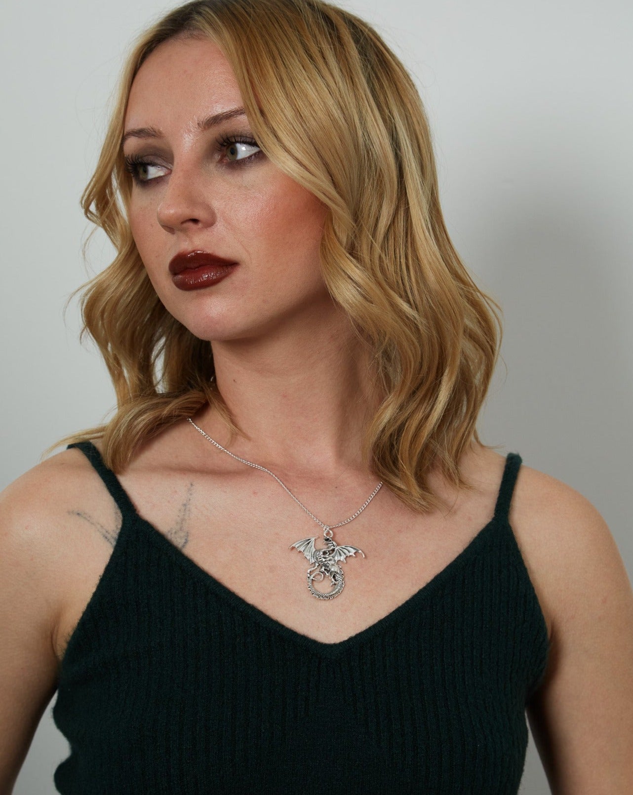 Large Silver Gothic Dragon Charm Necklace