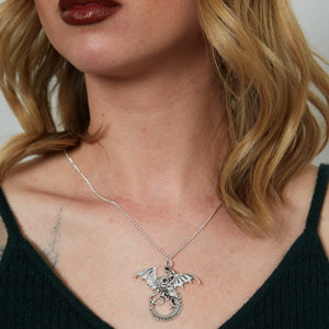 Large Silver Gothic Dragon Charm Necklace