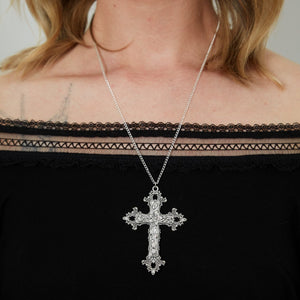 Large Silver Gothic Cross Charm Necklace