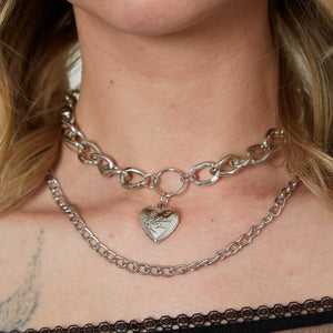 Large Silver Heart & Chain Layered Necklace Set