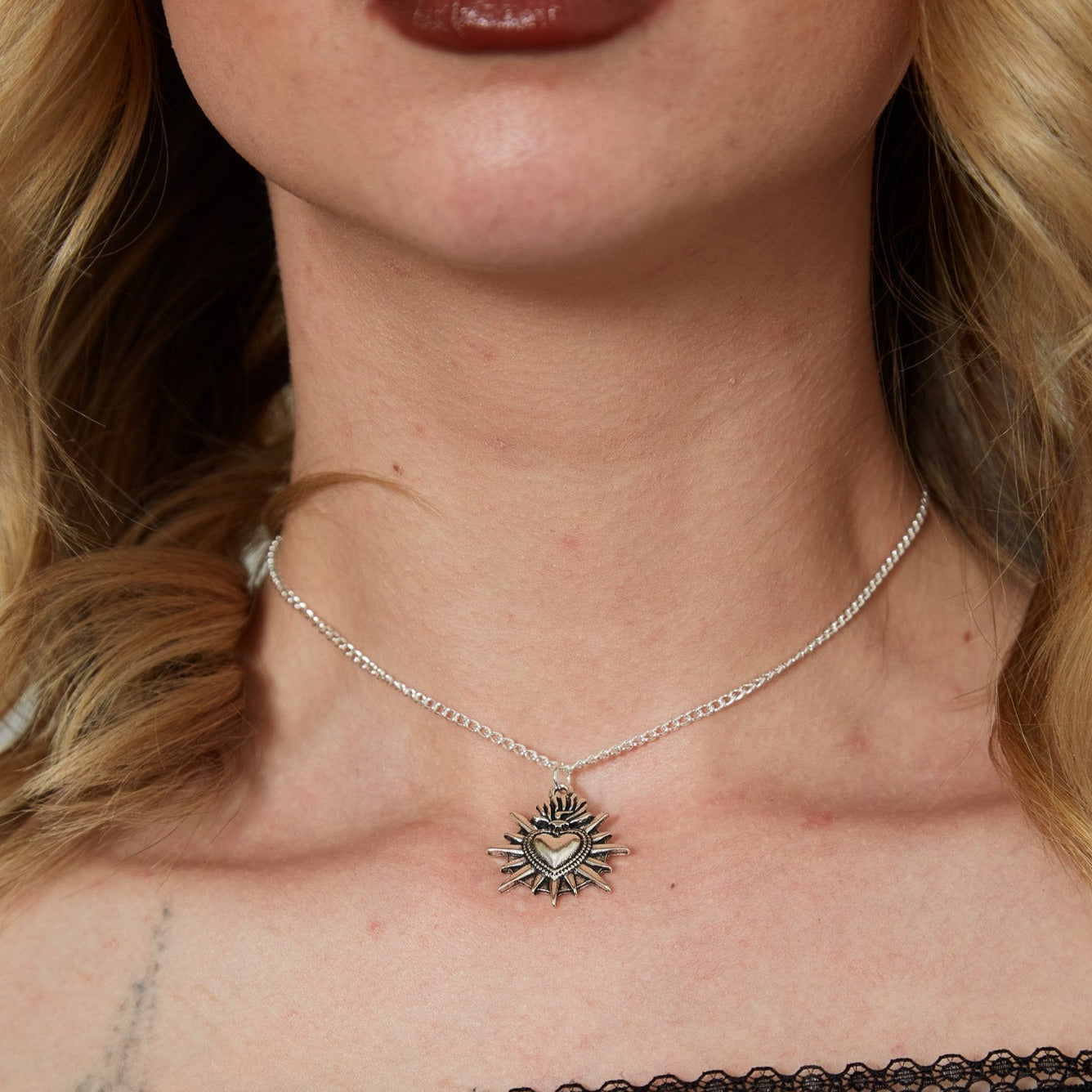 Silver Sacred Flaming Heart Charm Necklace