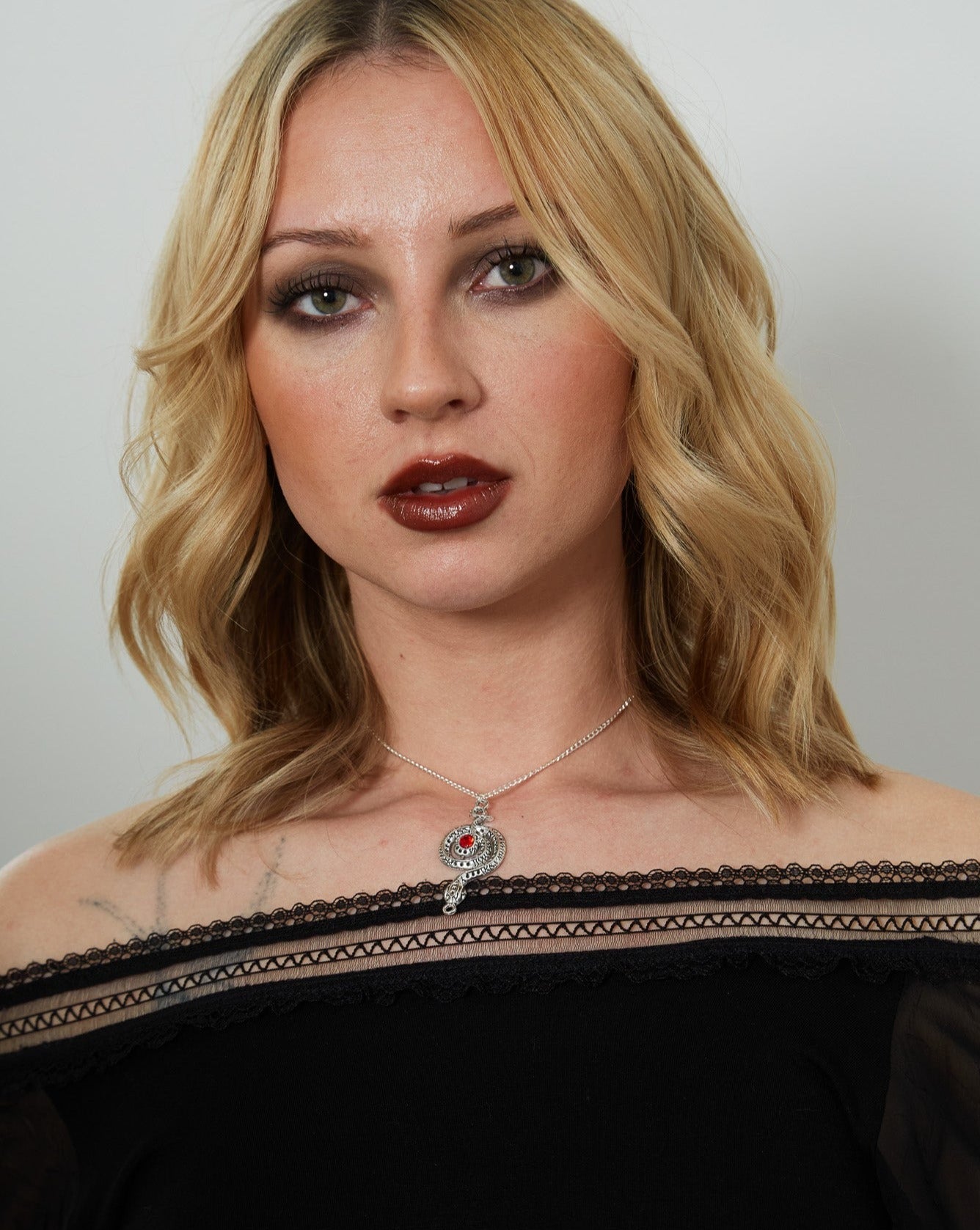 Silver Gothic Python Red Stone Charm Necklace