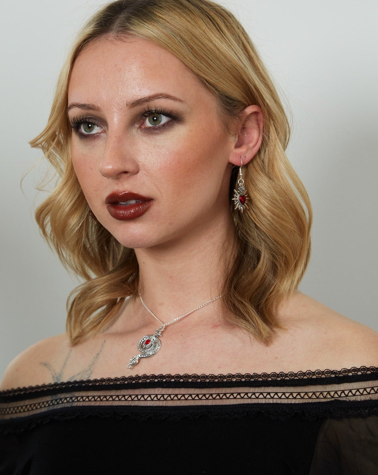 Silver Sacred Flaming Red Heart Charm Earrings