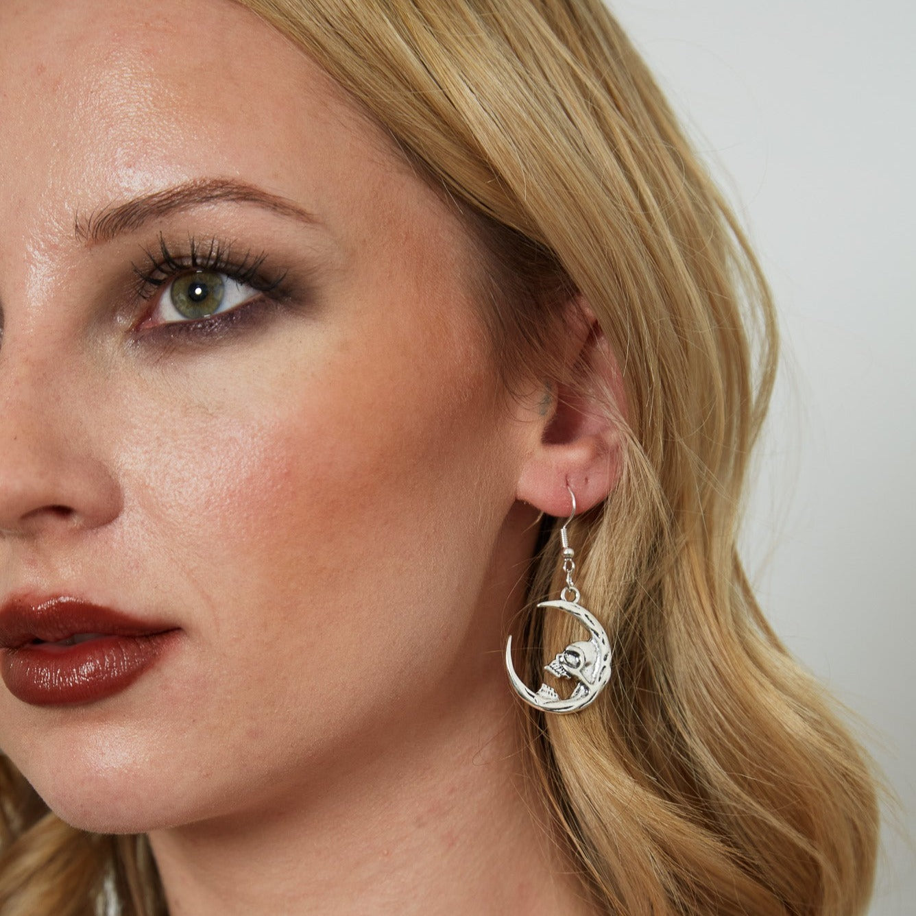 Silver Gothic Moon Skull Charm Earrings
