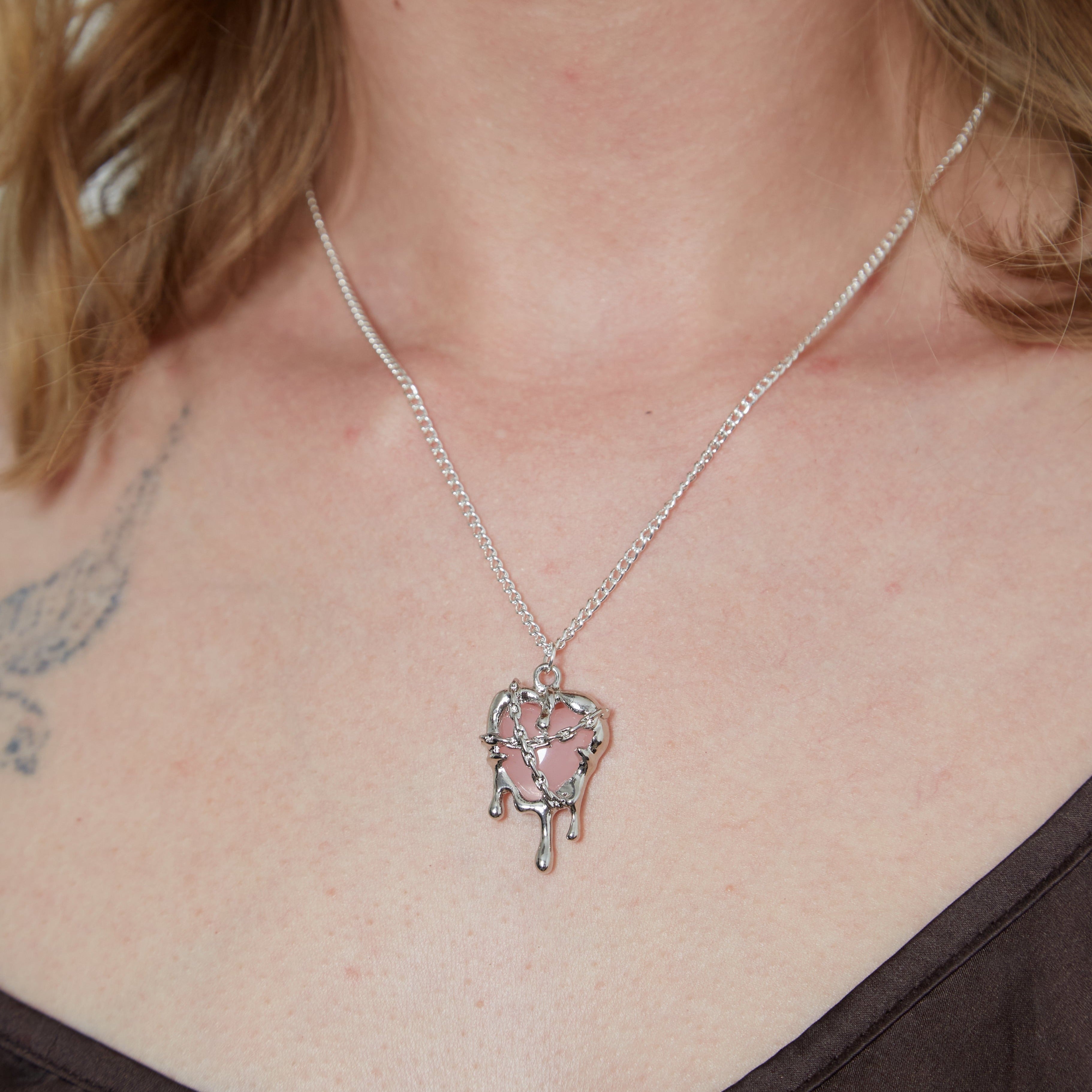 Silver Pink Resin Melting Heart Charm Necklace