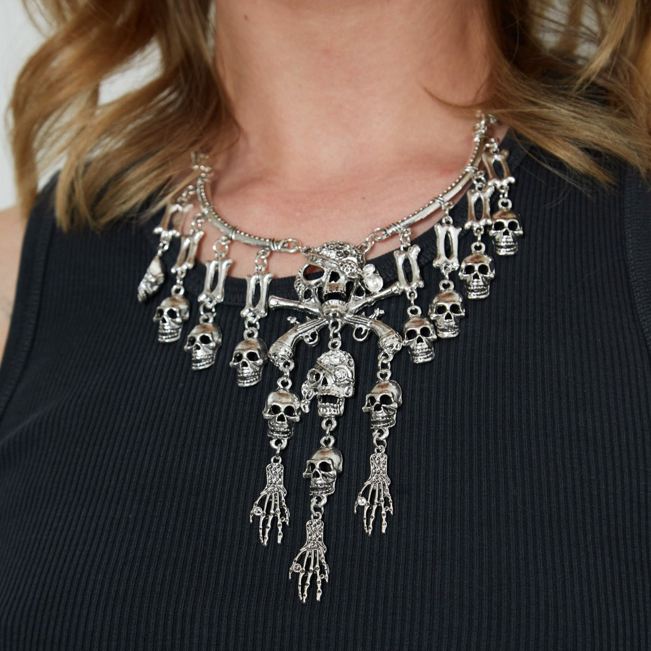 Silver Gothic Pirate Skull Charm Necklace
