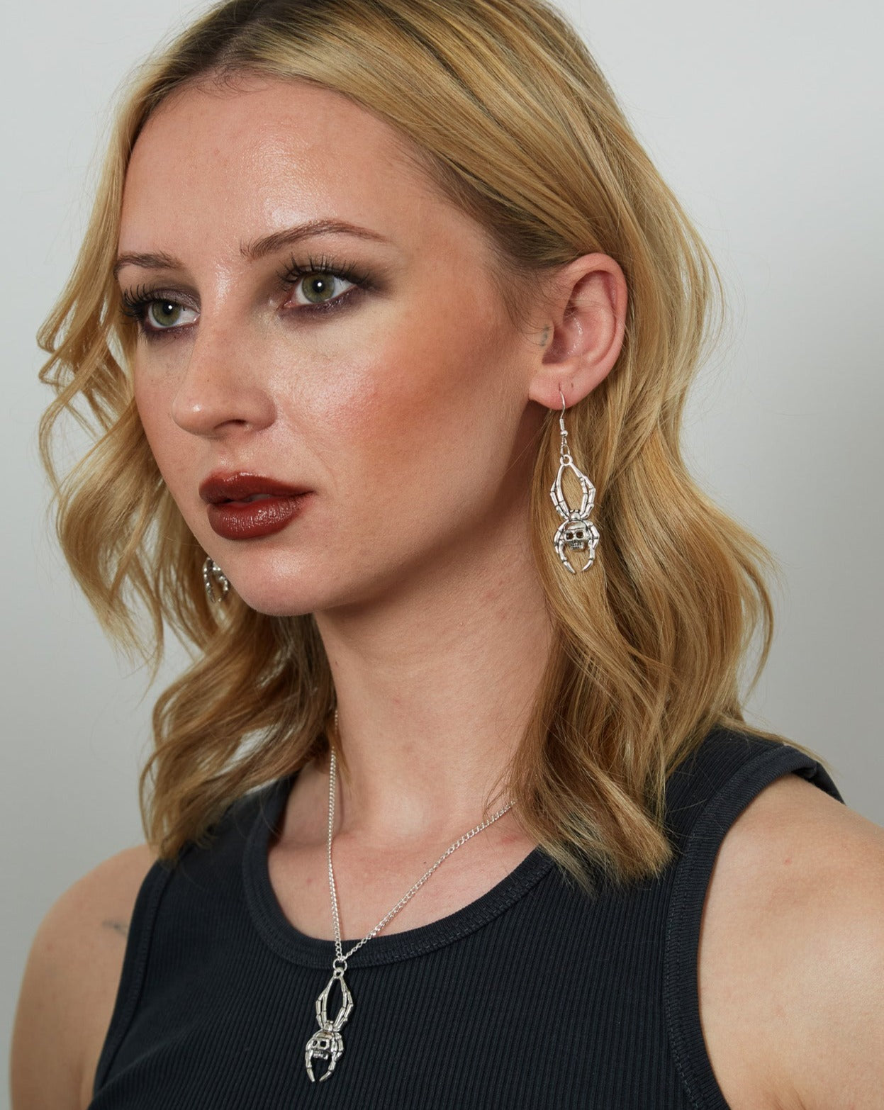 Silver Gothic Spider Skull Charm Earrings