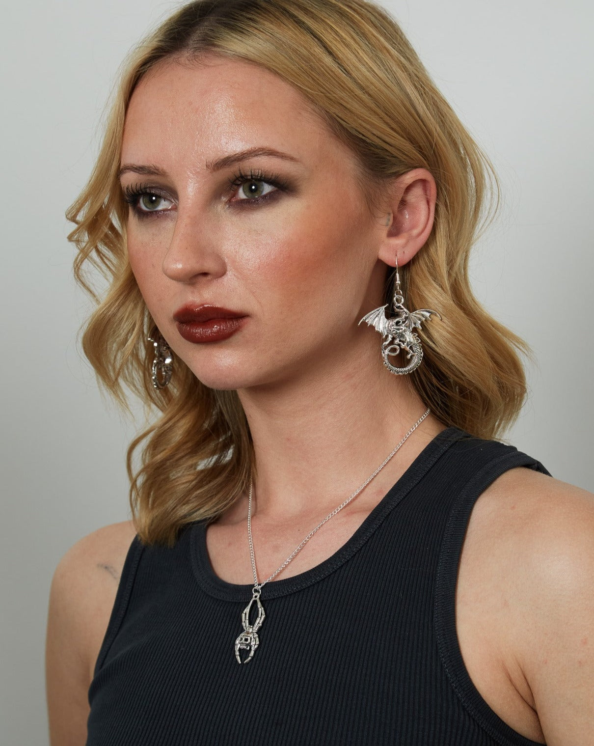 Large Silver Gothic Dragon Charm Earrings