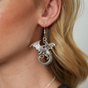 Large Silver Gothic Dragon Charm Earrings