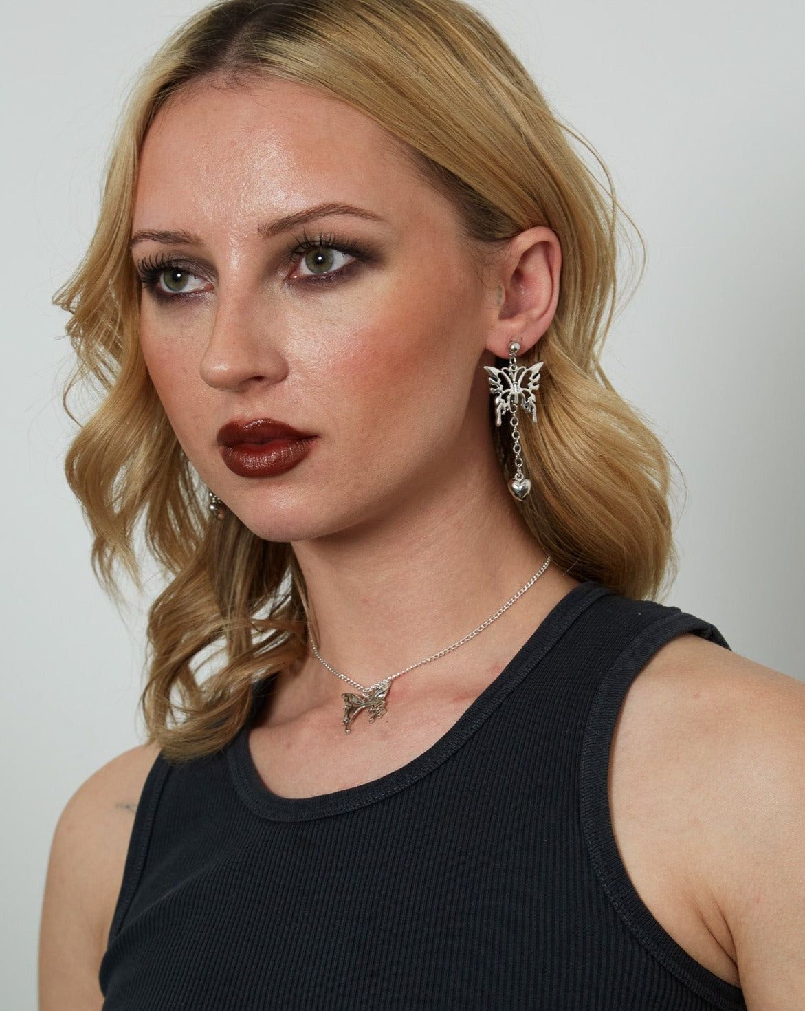 Silver Butterfly Heart Chain Drop Charm Earrings