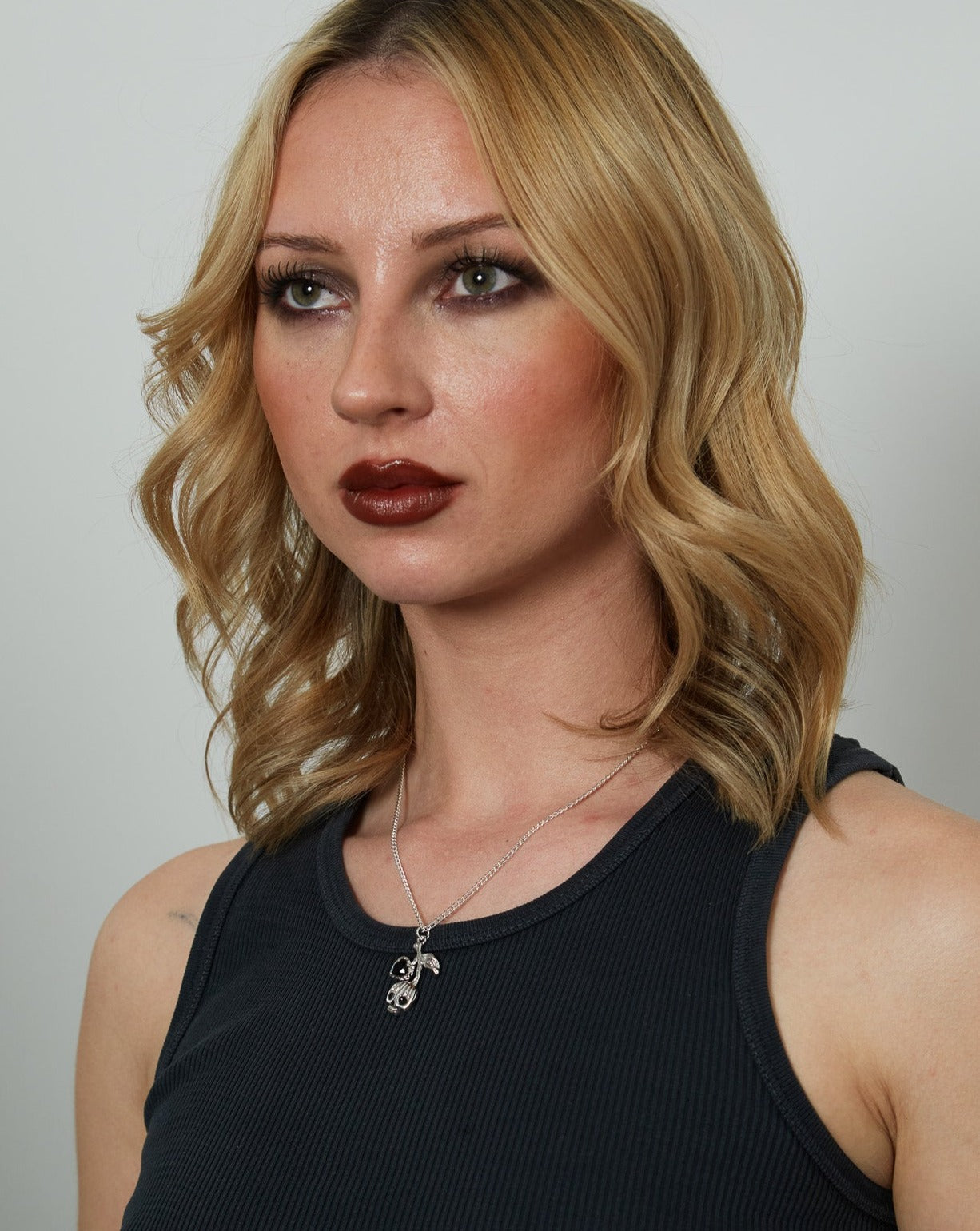 Silver Cherry Skull with Black Stones Charm Necklace