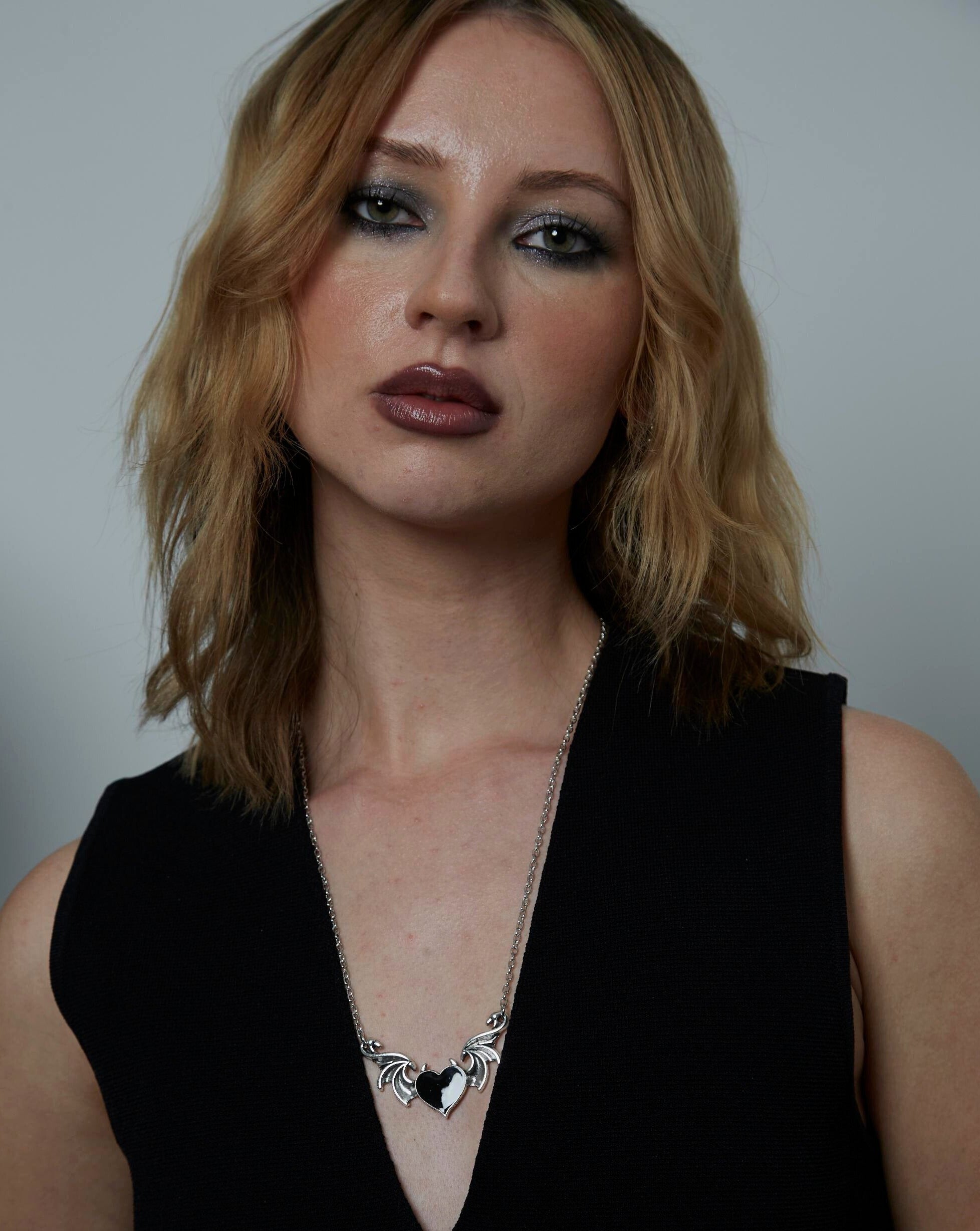 Silver Winged Black Heart Charm Necklace