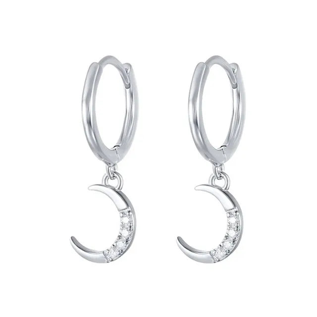 Sterling Silver 925 Crystal Moon Drop Charm Earrings