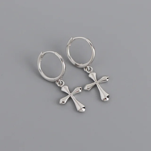 Sterling Silver Cross Drop Charm Earrings