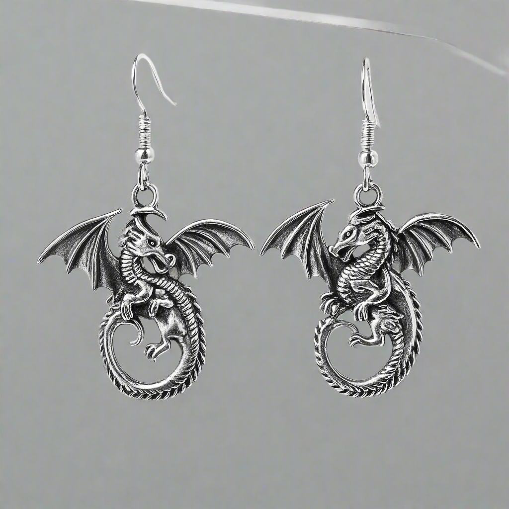 Large Silver Gothic Dragon Charm Earrings