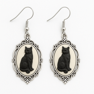Large Silver Gothic Black Cat Frame Charm Earrings