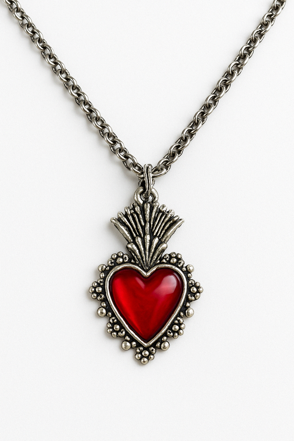 Large Silver Sacred Flaming Red Heart Charm Necklace