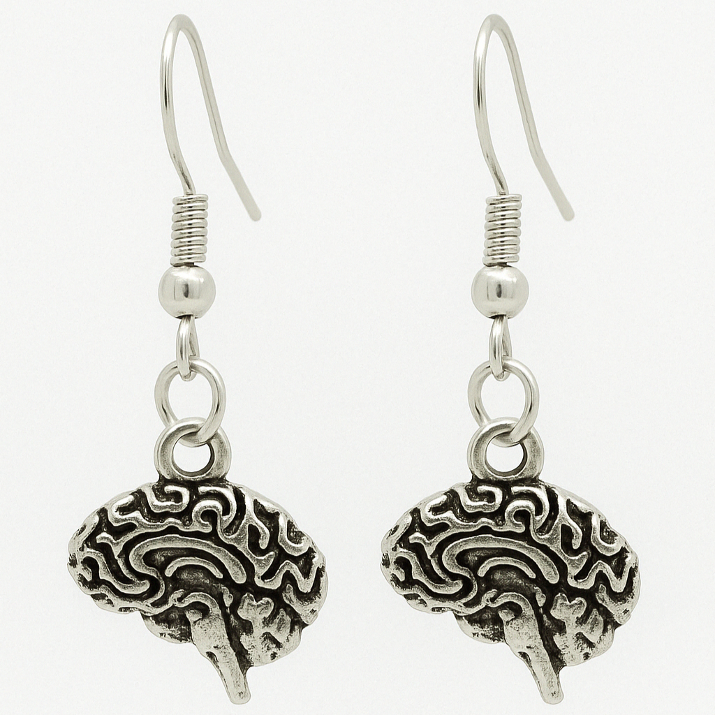 Silver Gothic Brain Charm Earrings