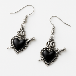 Silver Daggered Black Heart Charm Earrings