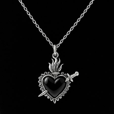 Silver Adorned Flaming Black Heart Charm Necklace