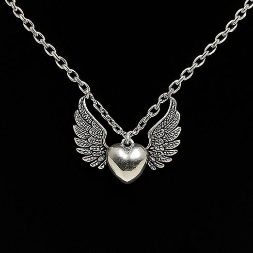 Silver Gothic Angel Heart Charm Necklace