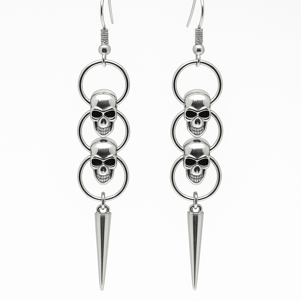 Silver Gothic Skull Hoop Dangle Earrings