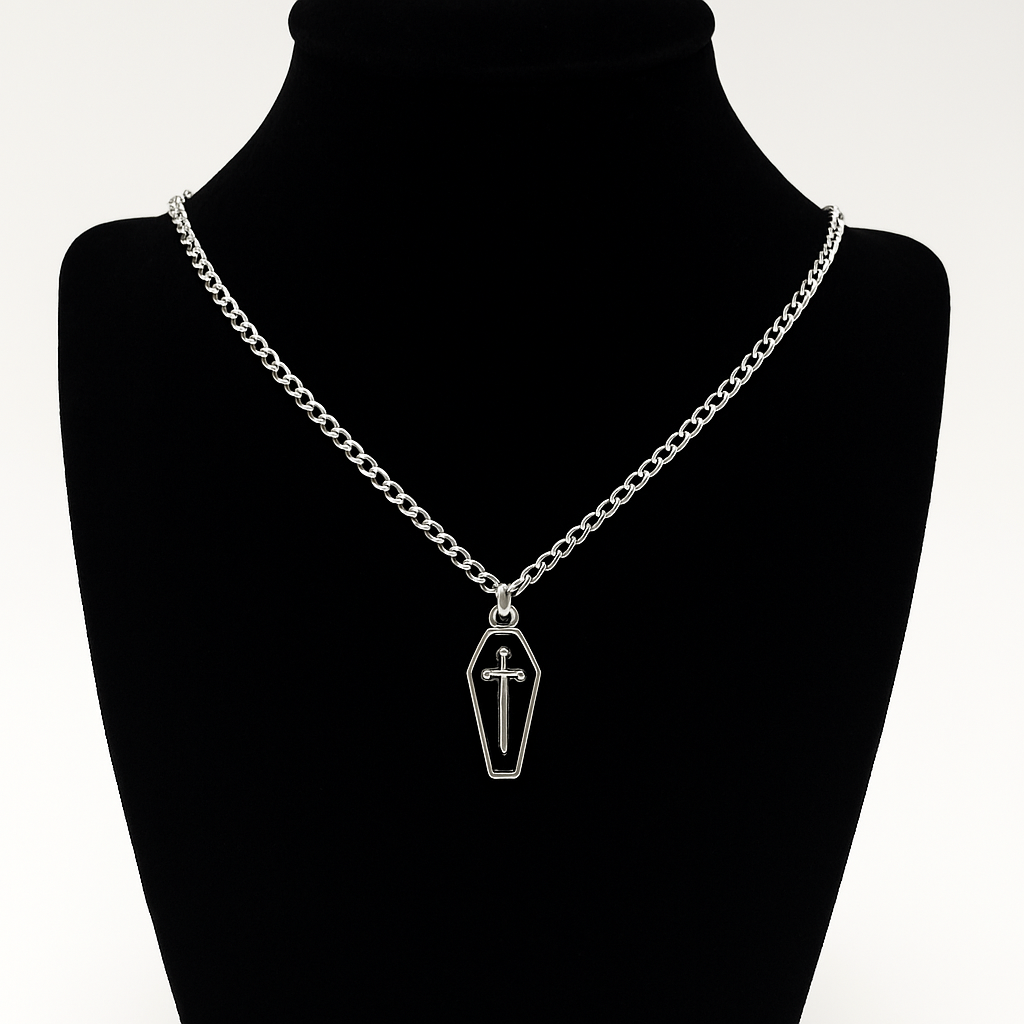 Silver Gothic Black Coffin Charm Necklace