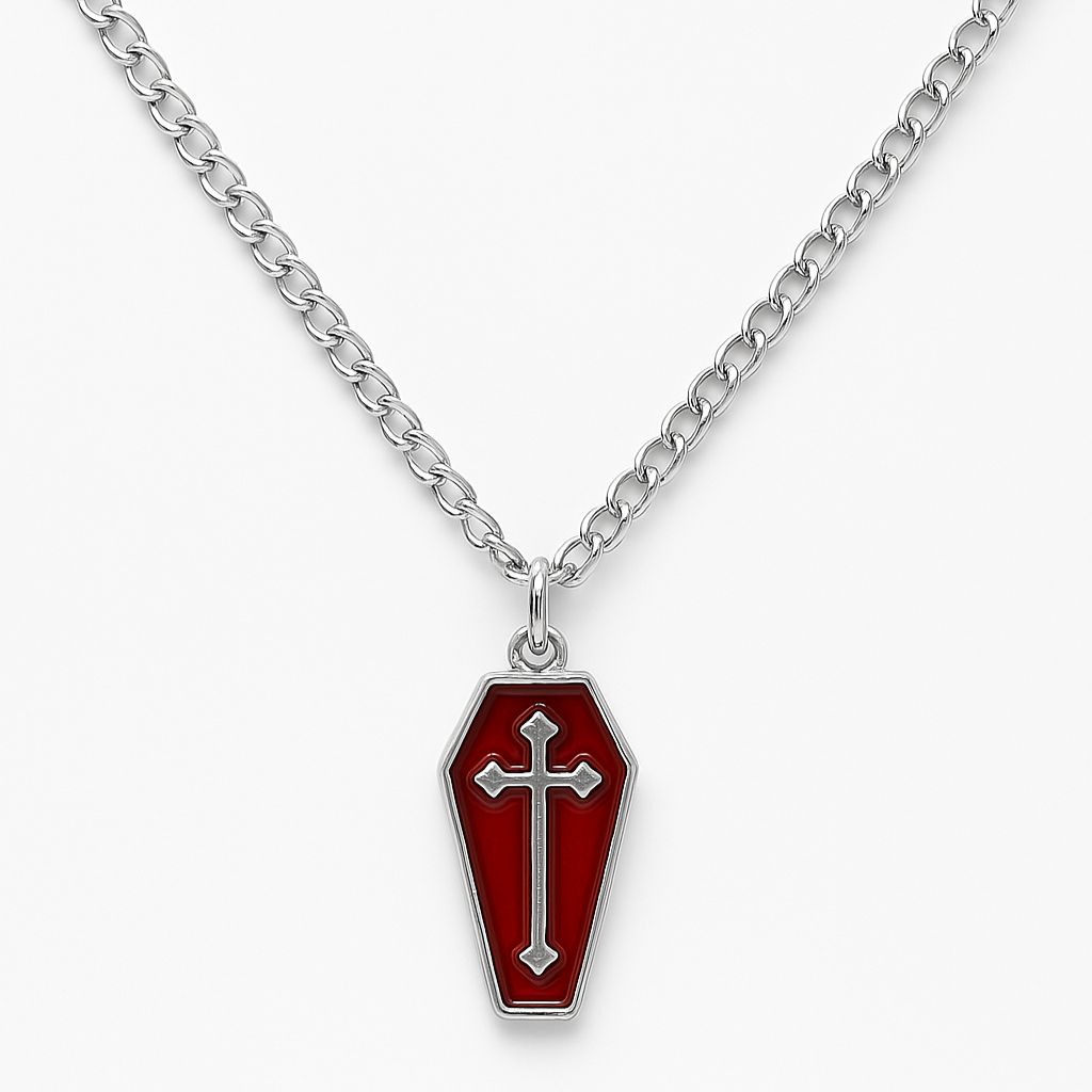 Silver Gothic Red Coffin Charm Necklace