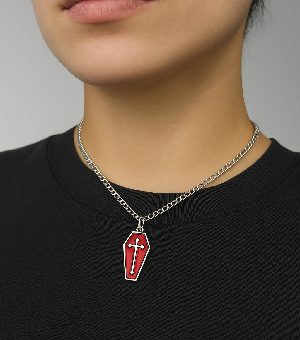 Silver Gothic Red Coffin Charm Necklace