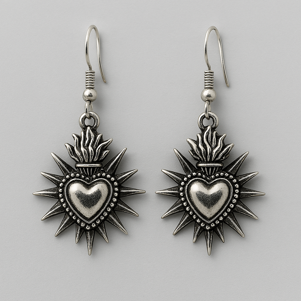 Silver Sacred Flaming Heart Charm Earrings