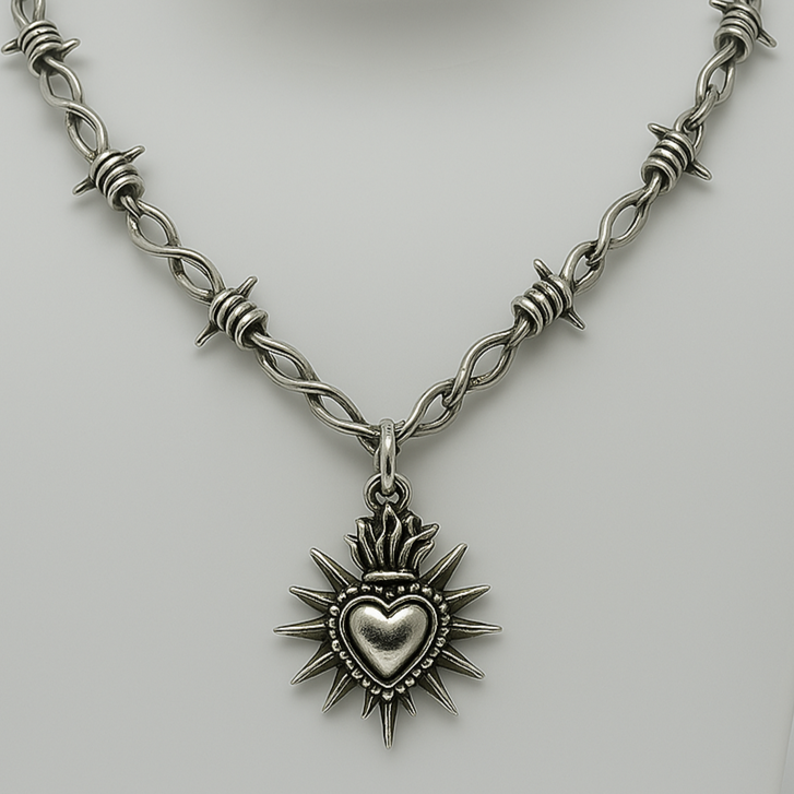 Silver Gothic Barbed Wire Silver Sacred Heart Necklace