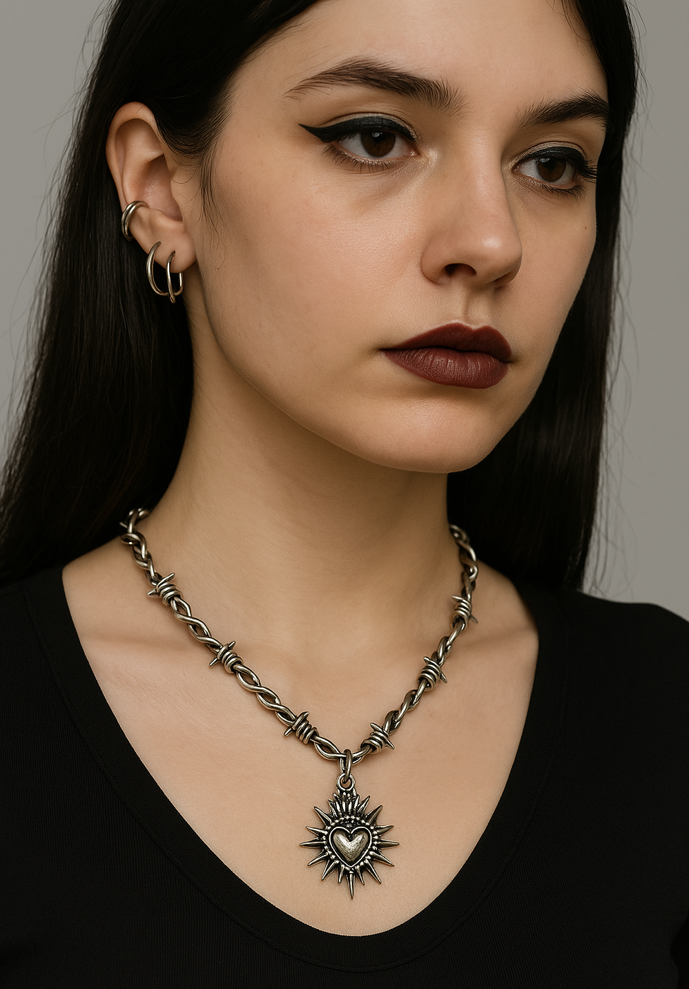 Silver Gothic Barbed Wire Silver Sacred Heart Necklace