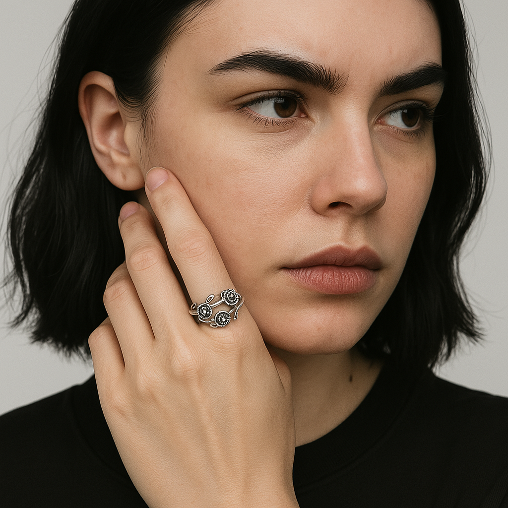 Gothic Sterling Silver Rose and Thorn Adjustable Ring