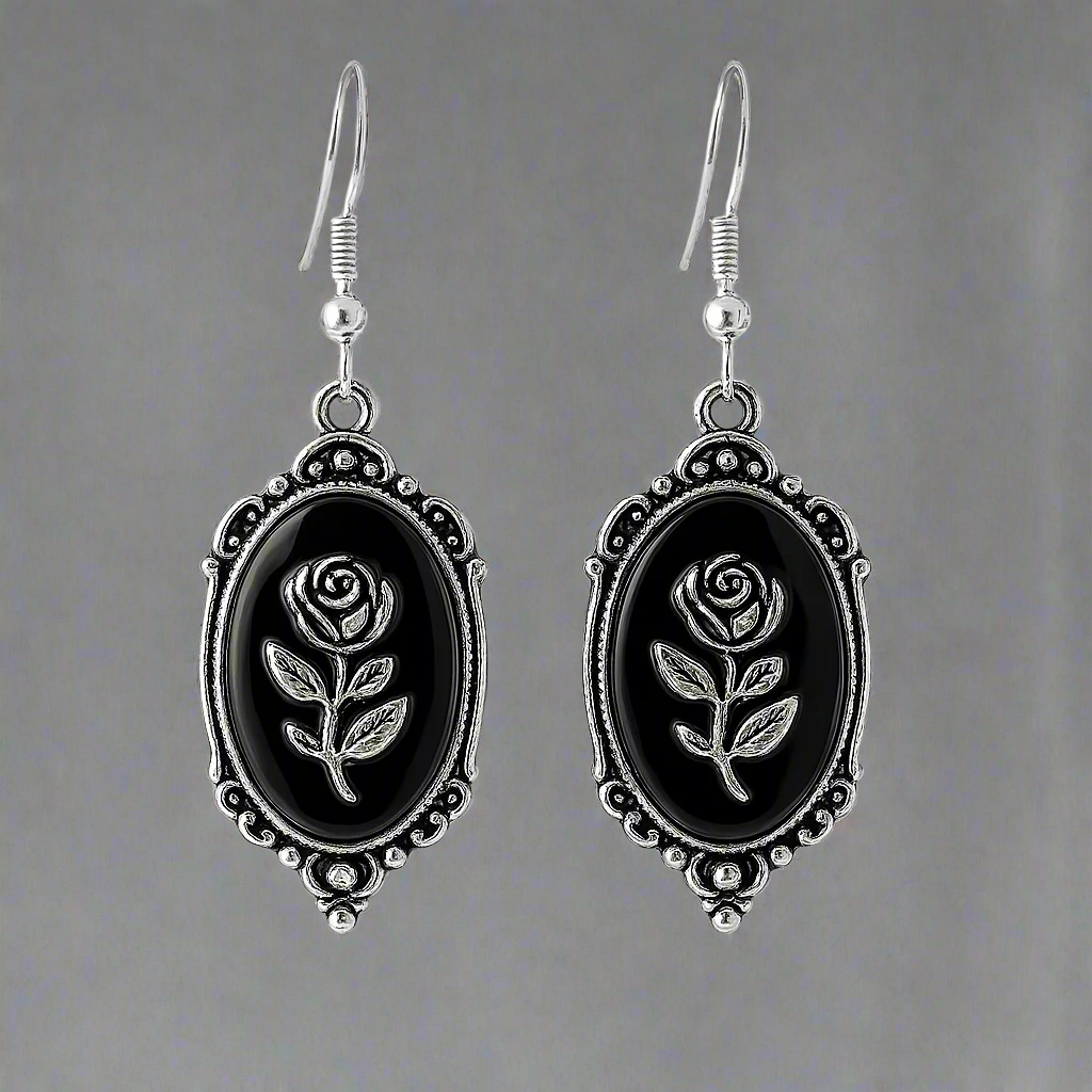 Large Silver Gothic Rose Frame Charm Earrings