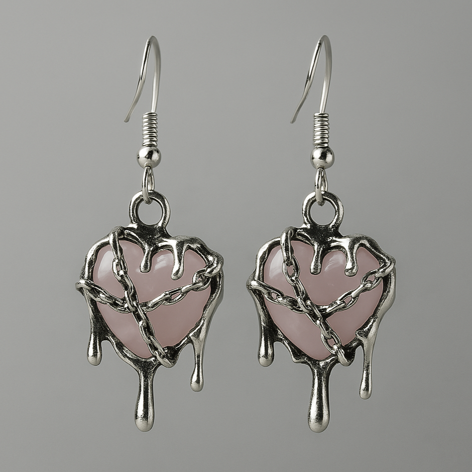 Silver Pink Resin Melting Heart Charm Earrings