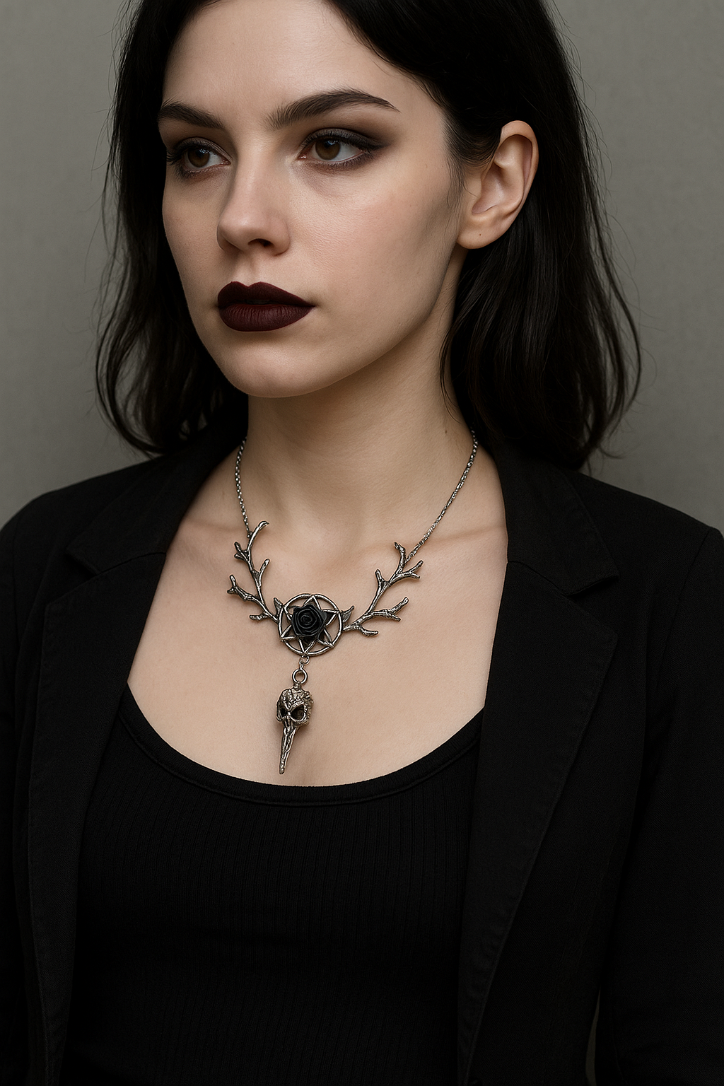 Black Rose Branches Raven Skull Silver Necklace
