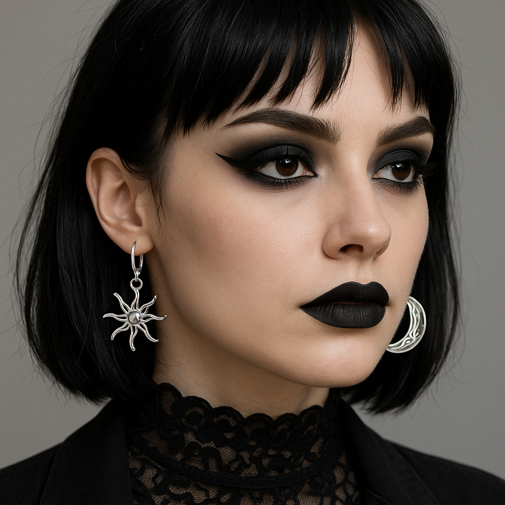 Silver Gothic Sun and Moon Dangle Hoop Charm Earring