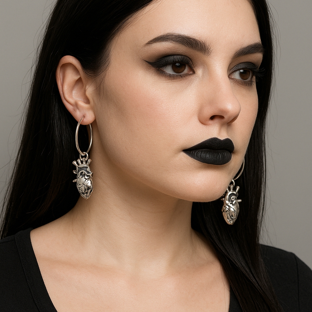 Silver Anatomical Heart Charm Hoop Earrings