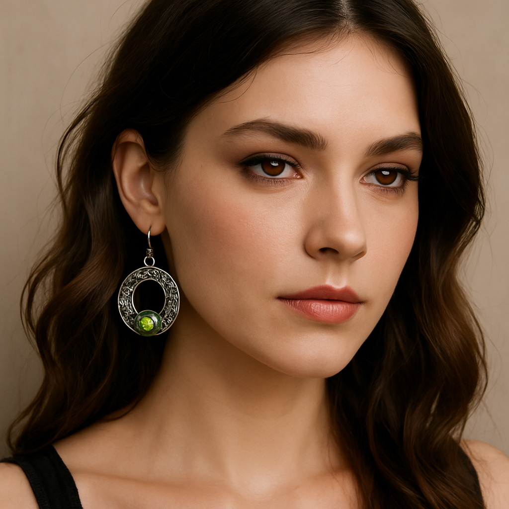 Silver Gothic Witchy Green Stone Circle Earrings