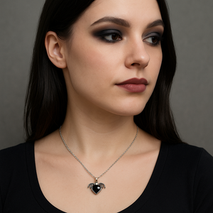 Silver Gothic Heart Wing Stone Charm Necklace